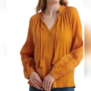 Lucky Brand Embroidered Peasant Top Boho Hippie Gypsy Gauzy Tassels Brown XL